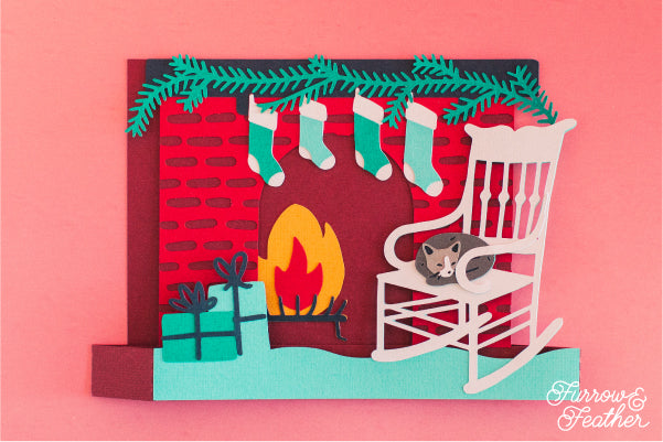 Christmas Fireplace with Cat Card SVG