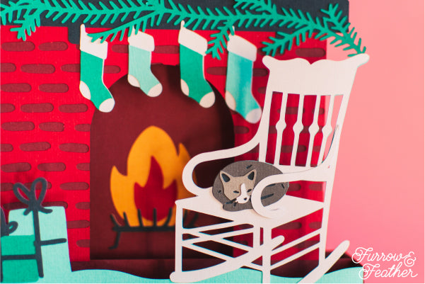 Christmas Fireplace with Cat Card SVG