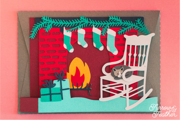 Christmas Fireplace with Cat Card SVG