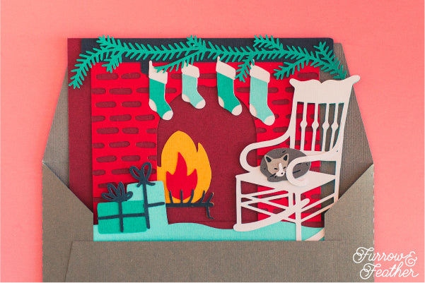 Christmas Fireplace with Cat Card SVG