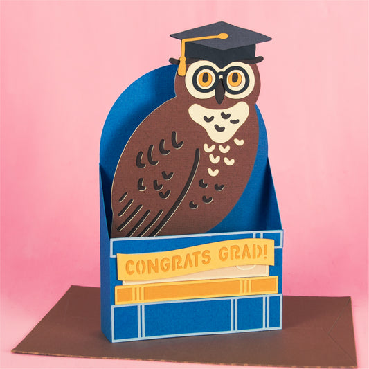 Graduate Owl on Books Card - 3D Graduation Card SVG