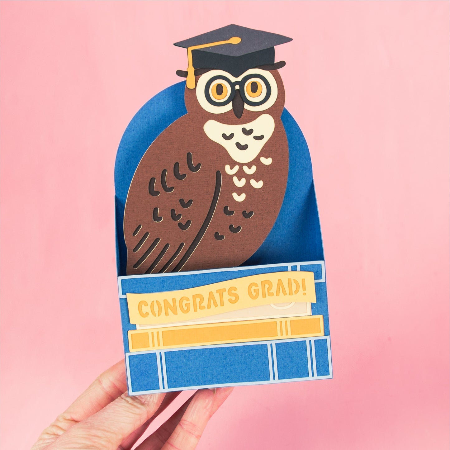 Graduate Owl on Books Card - 3D Graduation Card SVG