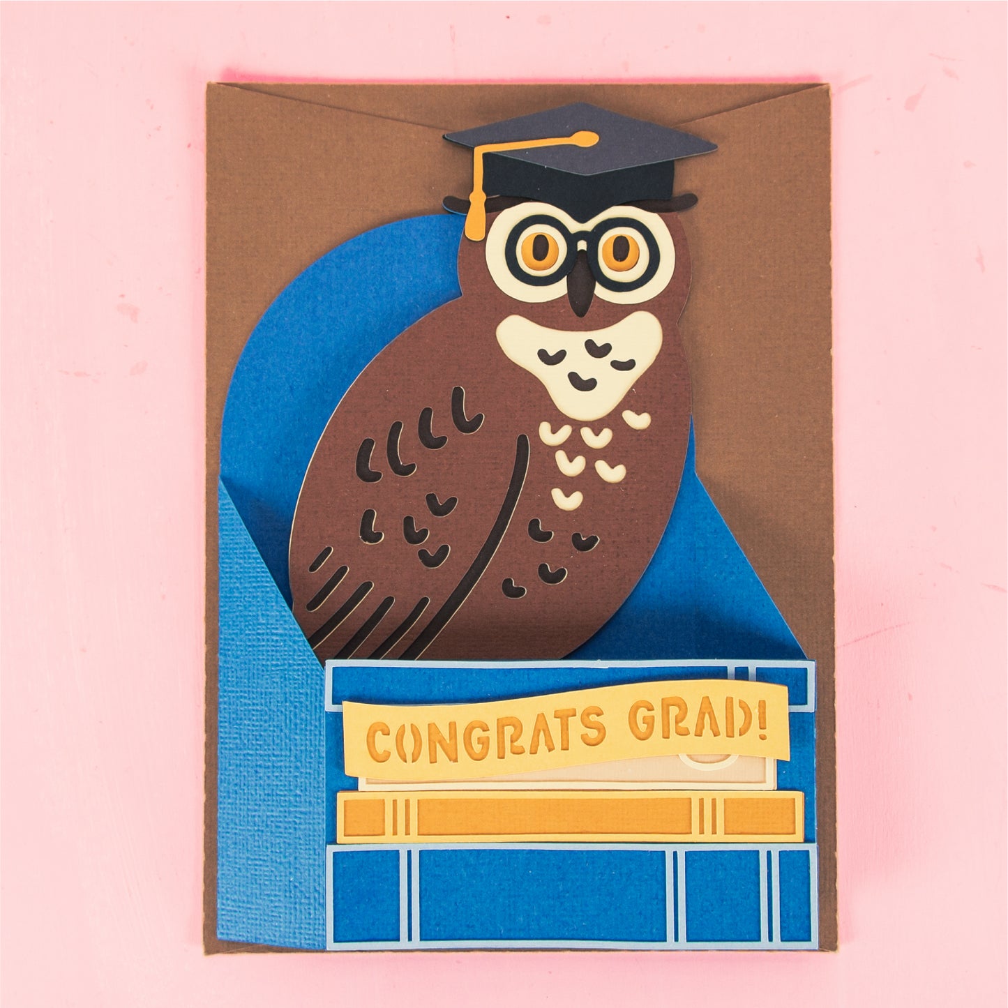 Graduate Owl on Books Card - 3D Graduation Card SVG