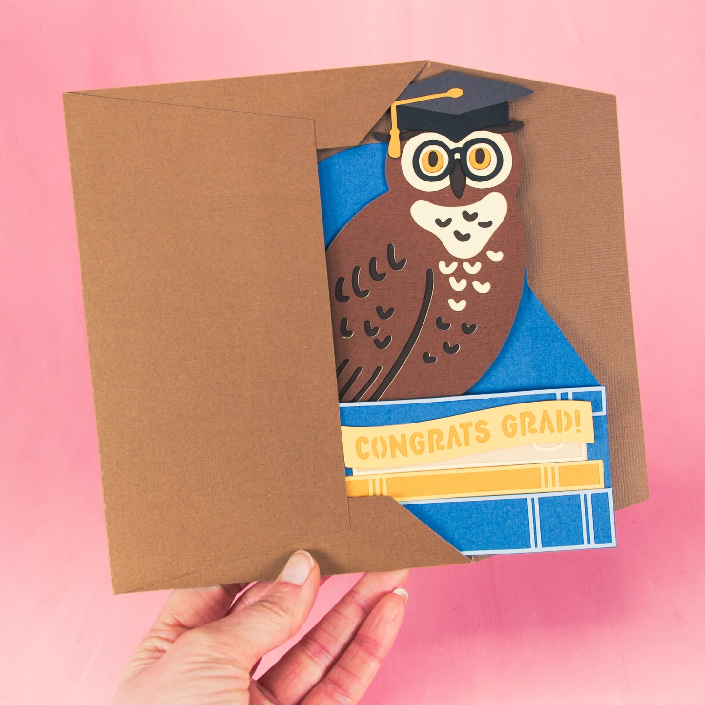 Graduate Owl on Books Card - 3D Graduation Card SVG