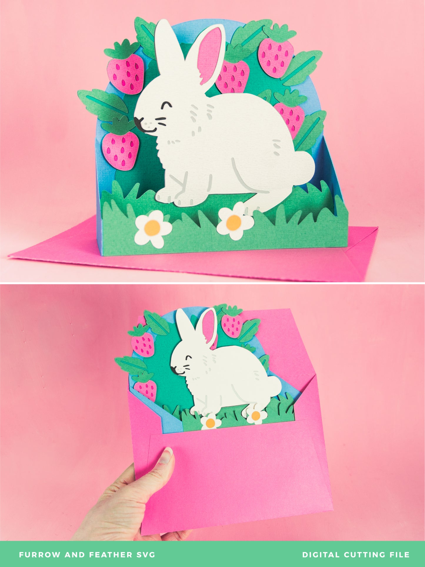 Bunny in Strawberries Card - 3D Card SVG