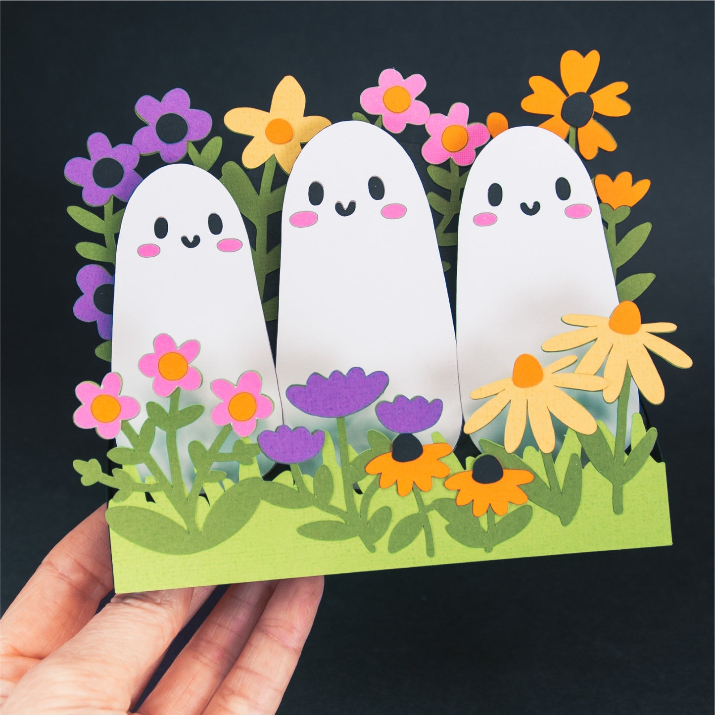 Cute Ghosts in Flowers Card - 3D Halloween SVG