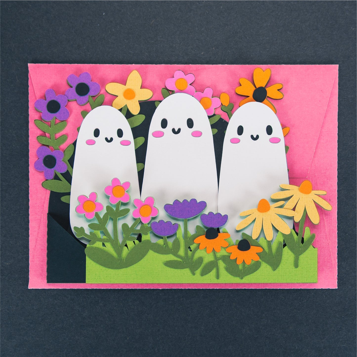 Cute Ghosts in Flowers Card - 3D Halloween SVG