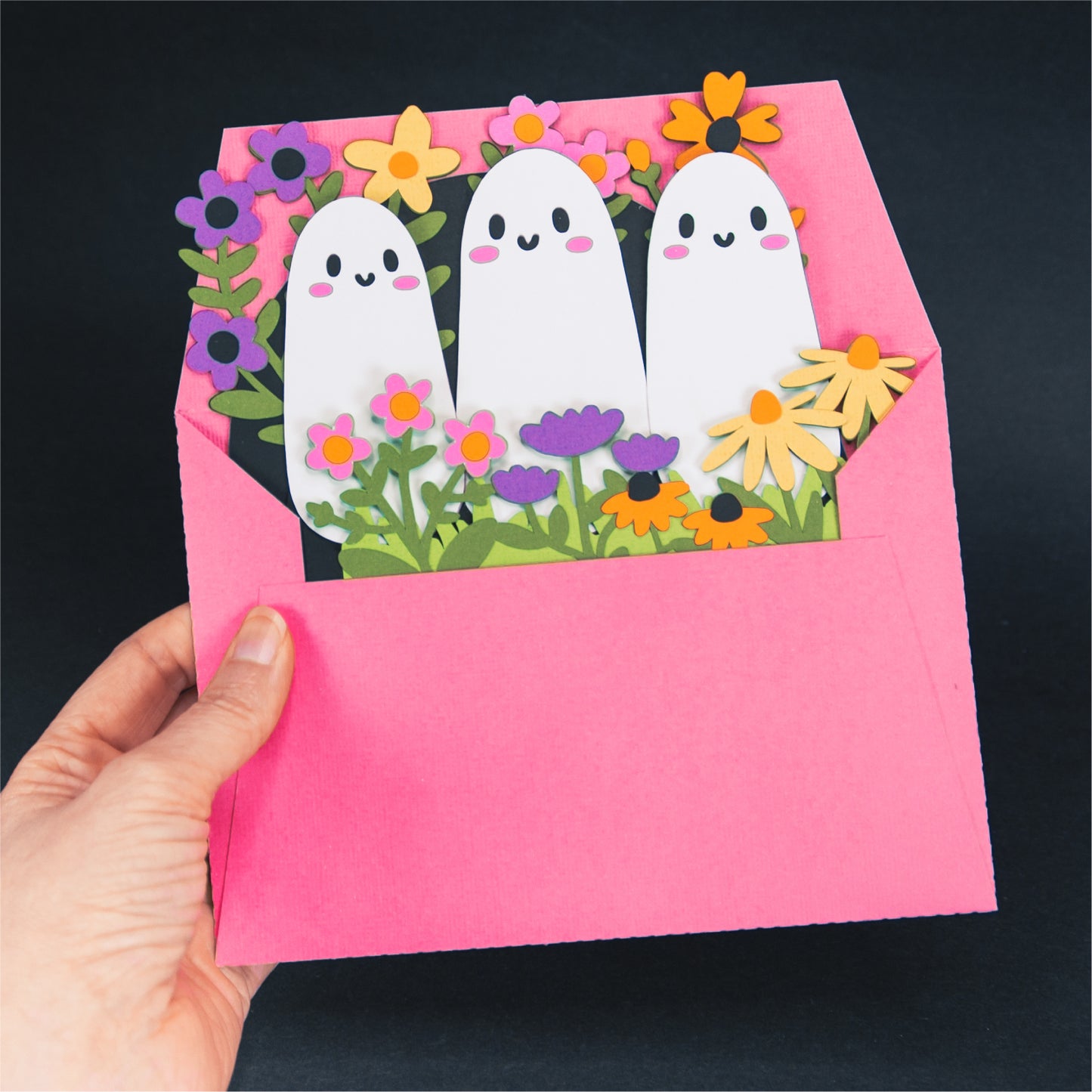 Cute Ghosts in Flowers Card - 3D Halloween SVG
