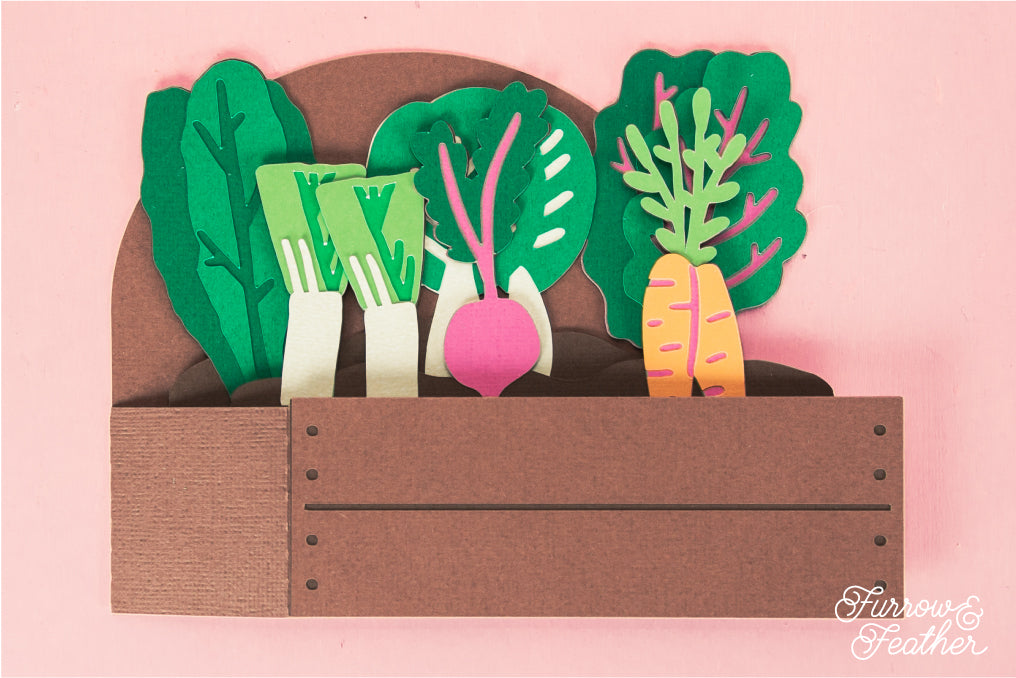 Garden Bed with Spring Veggies Card - 3D Gardening Card SVG