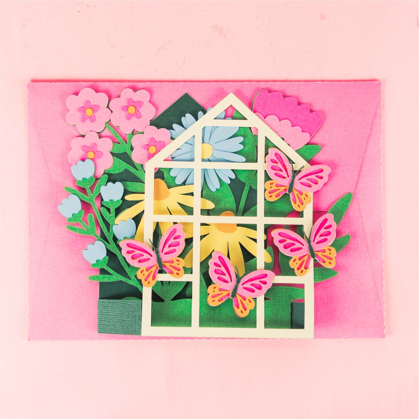 Greenhouse with Butterflies Card - 3D Flower Card SVG