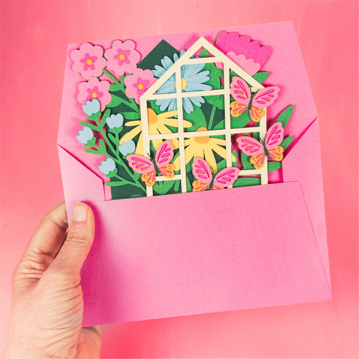 Greenhouse with Butterflies Card - 3D Flower Card SVG