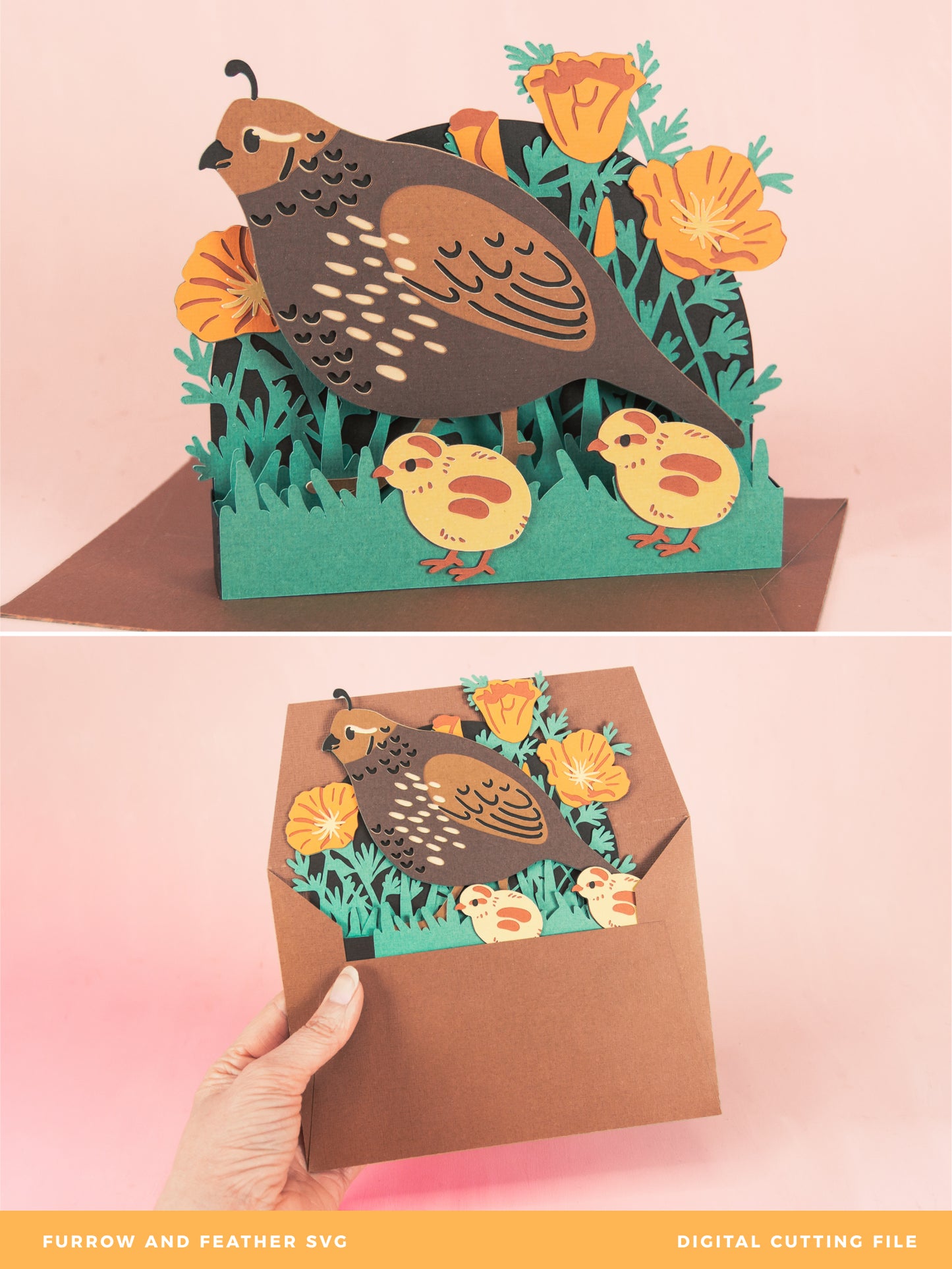Quail and Chicks Card - 3D Mother's Day Card SVG
