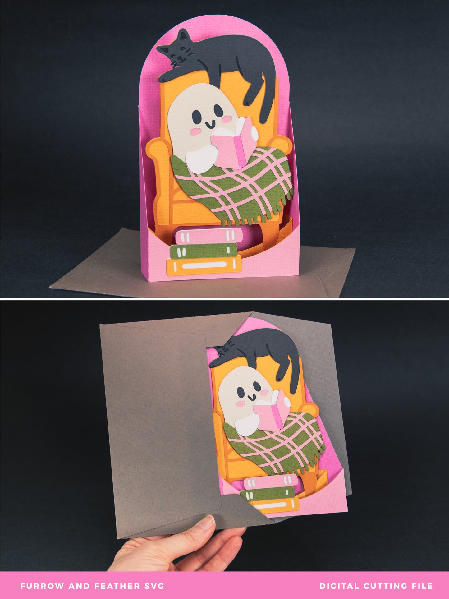 Ghost Reading in a Chair Card - 3D Halloween SVG