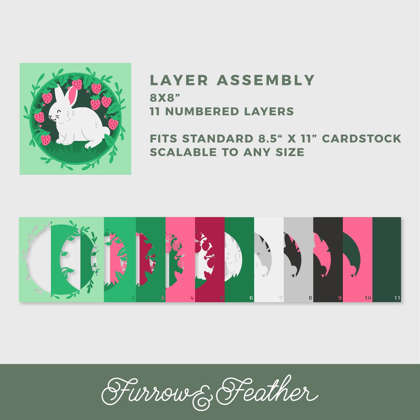 Bunny in Strawberries Shadow Box - 3D Spring Shadowbox SVG