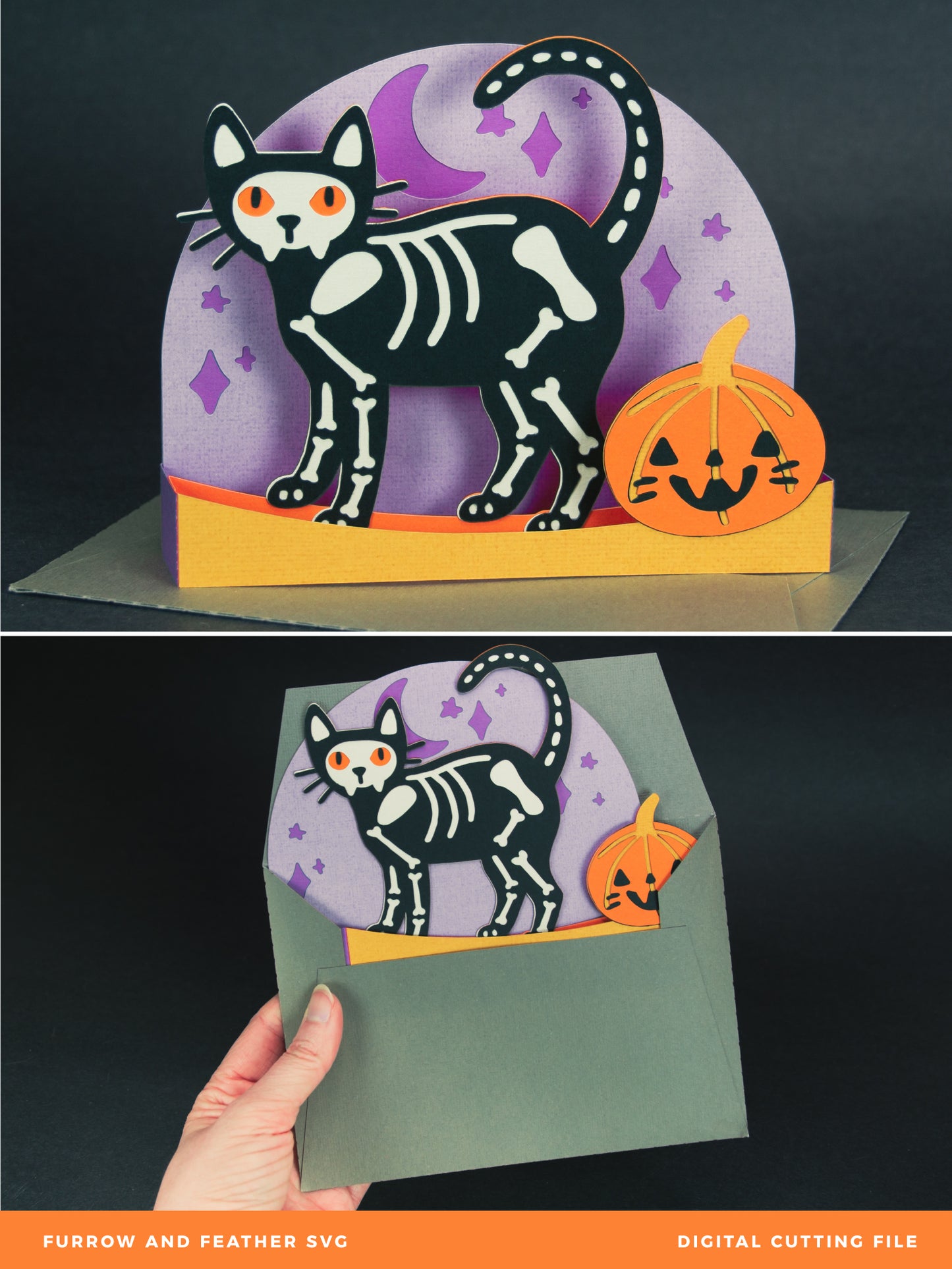 Skeleton Kitty Card - 3D Halloween Card SVG