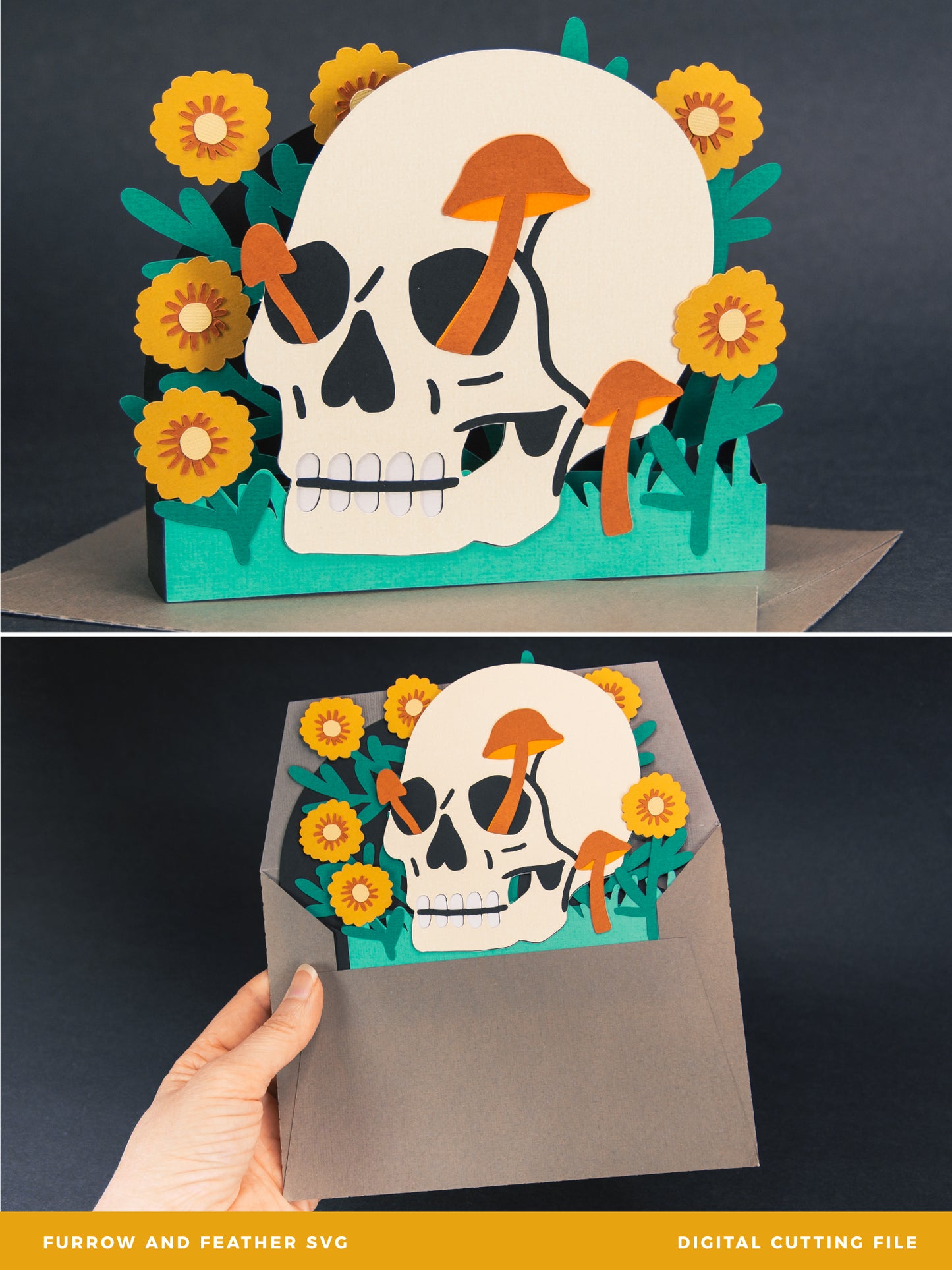 Skull with Flowers Card - 3D Halloween SVG