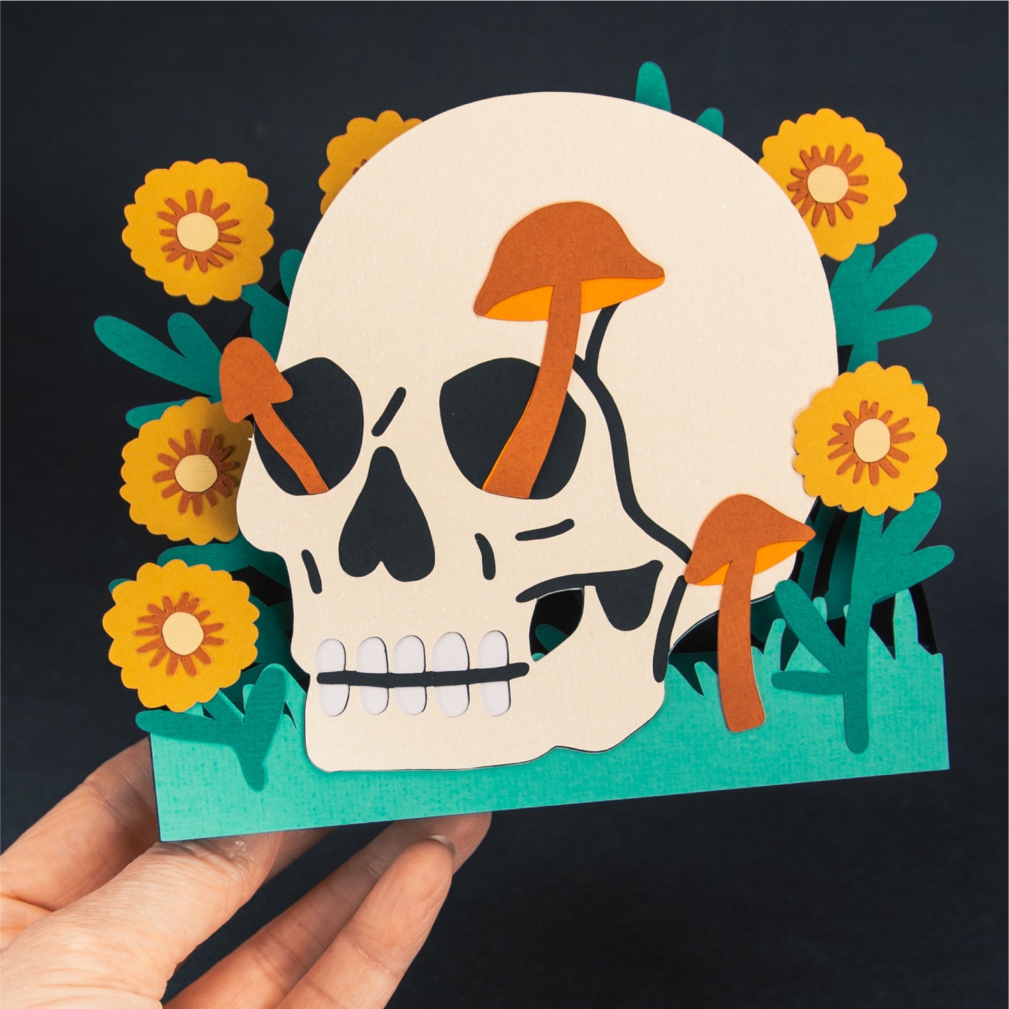 Skull with Flowers Card - 3D Halloween SVG
