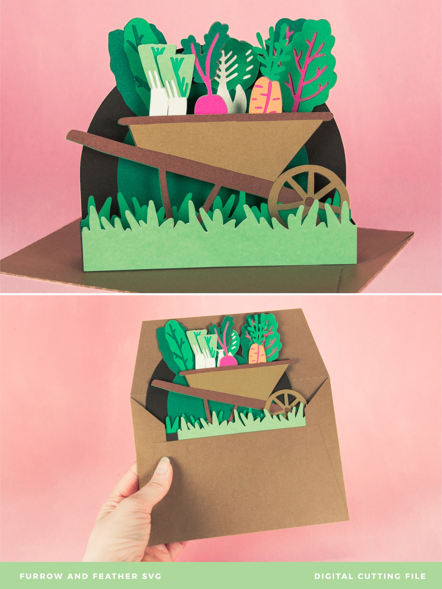 Wheelbarrow with Spring Veggies Card - 3D Gardening Card SVG