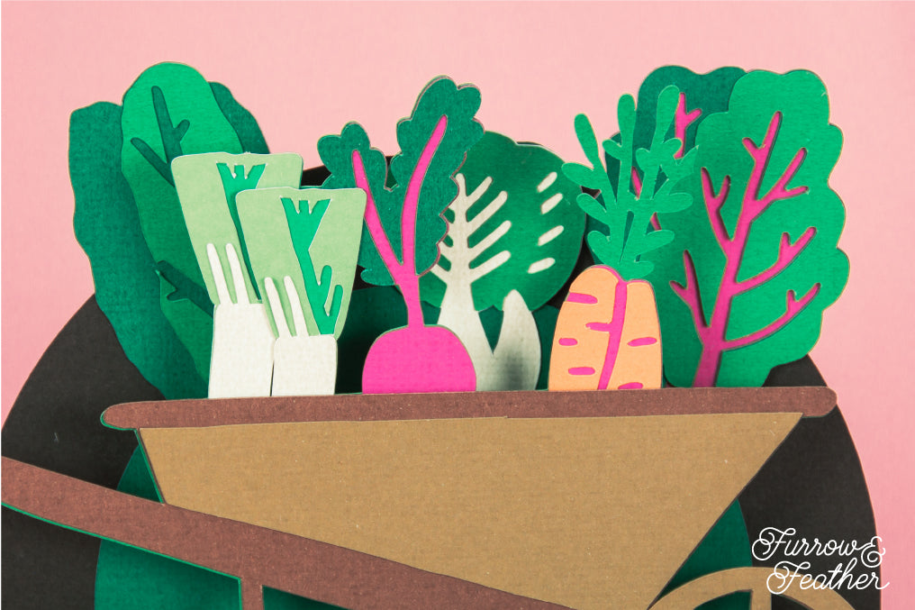 Wheelbarrow with Spring Veggies Card - 3D Gardening Card SVG
