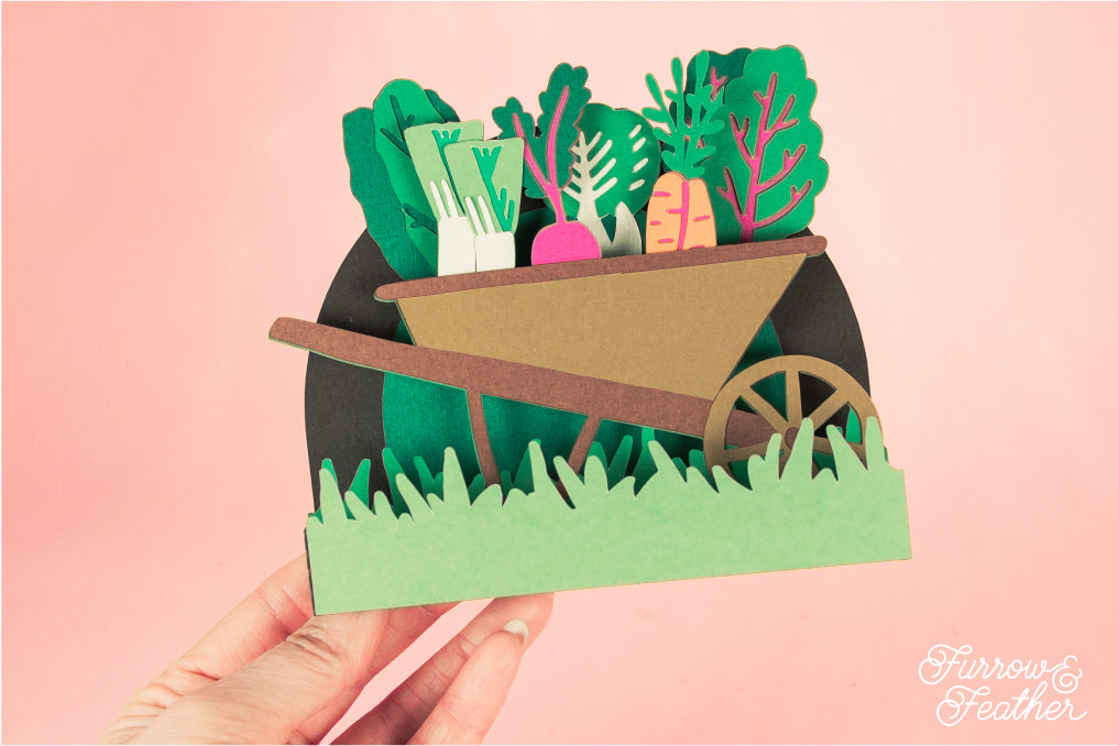 Wheelbarrow with Spring Veggies Card - 3D Gardening Card SVG
