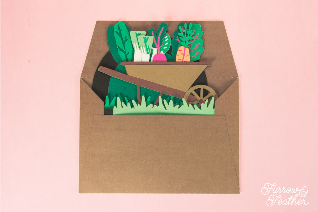 Wheelbarrow with Spring Veggies Card - 3D Gardening Card SVG