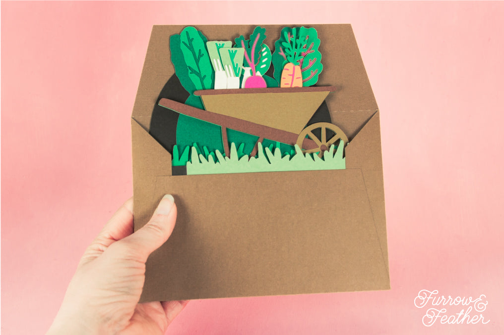 Wheelbarrow with Spring Veggies Card - 3D Gardening Card SVG