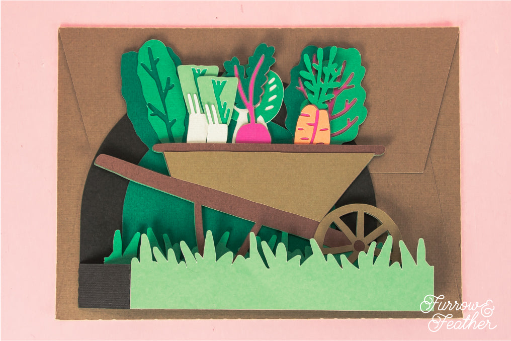 Wheelbarrow with Spring Veggies Card - 3D Gardening Card SVG