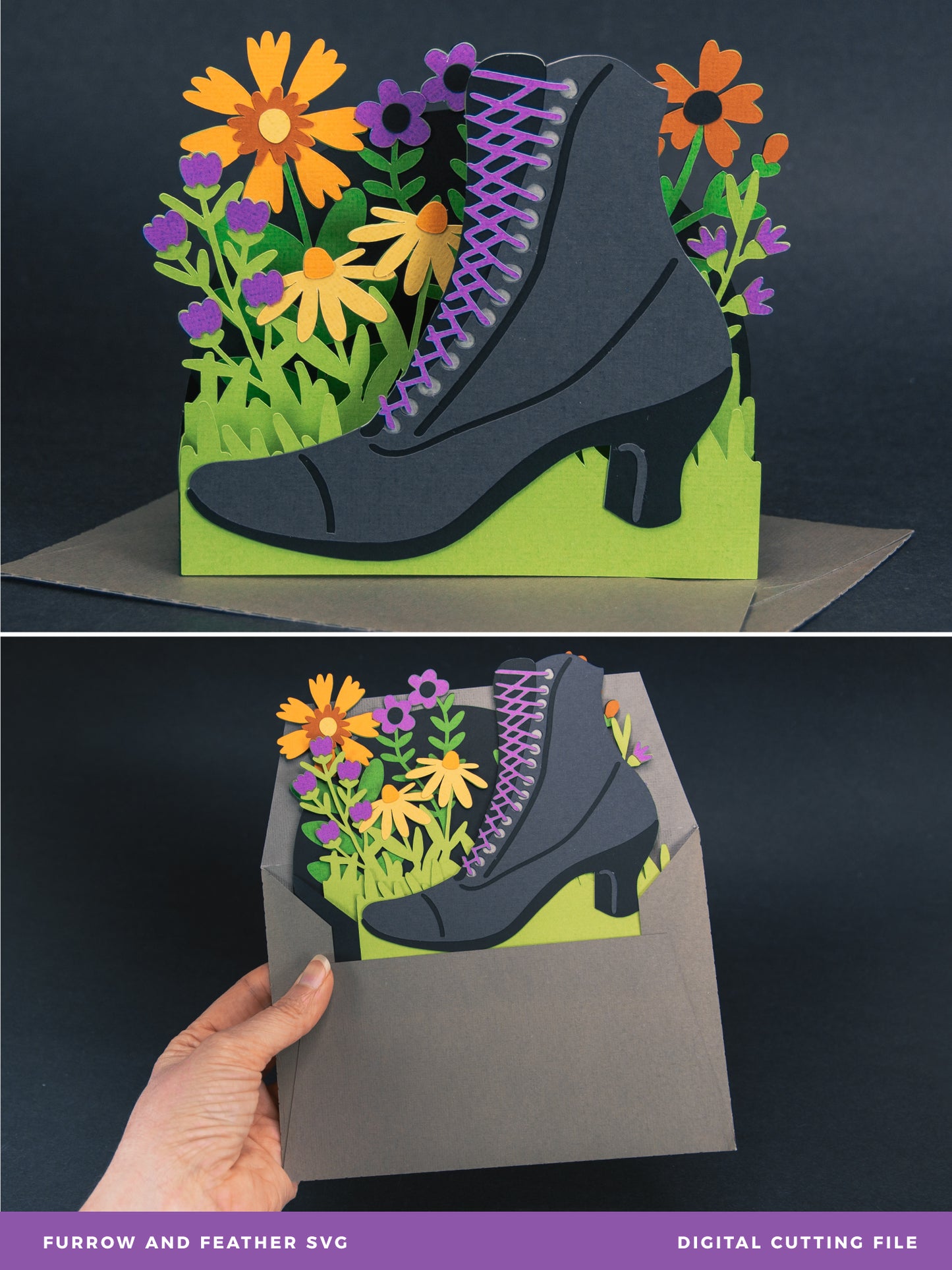 Witchy Boot with Flowers Card - 3D Halloween SVG