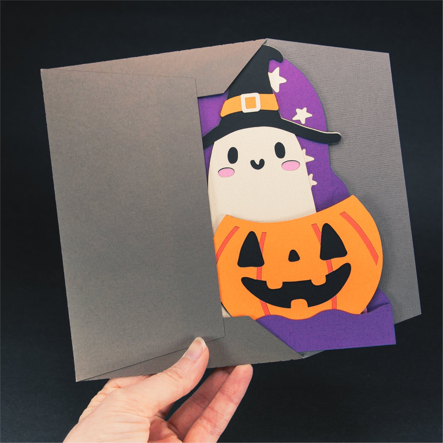 Witchy Ghost in Pumpkin Card - 3D Halloween SVG
