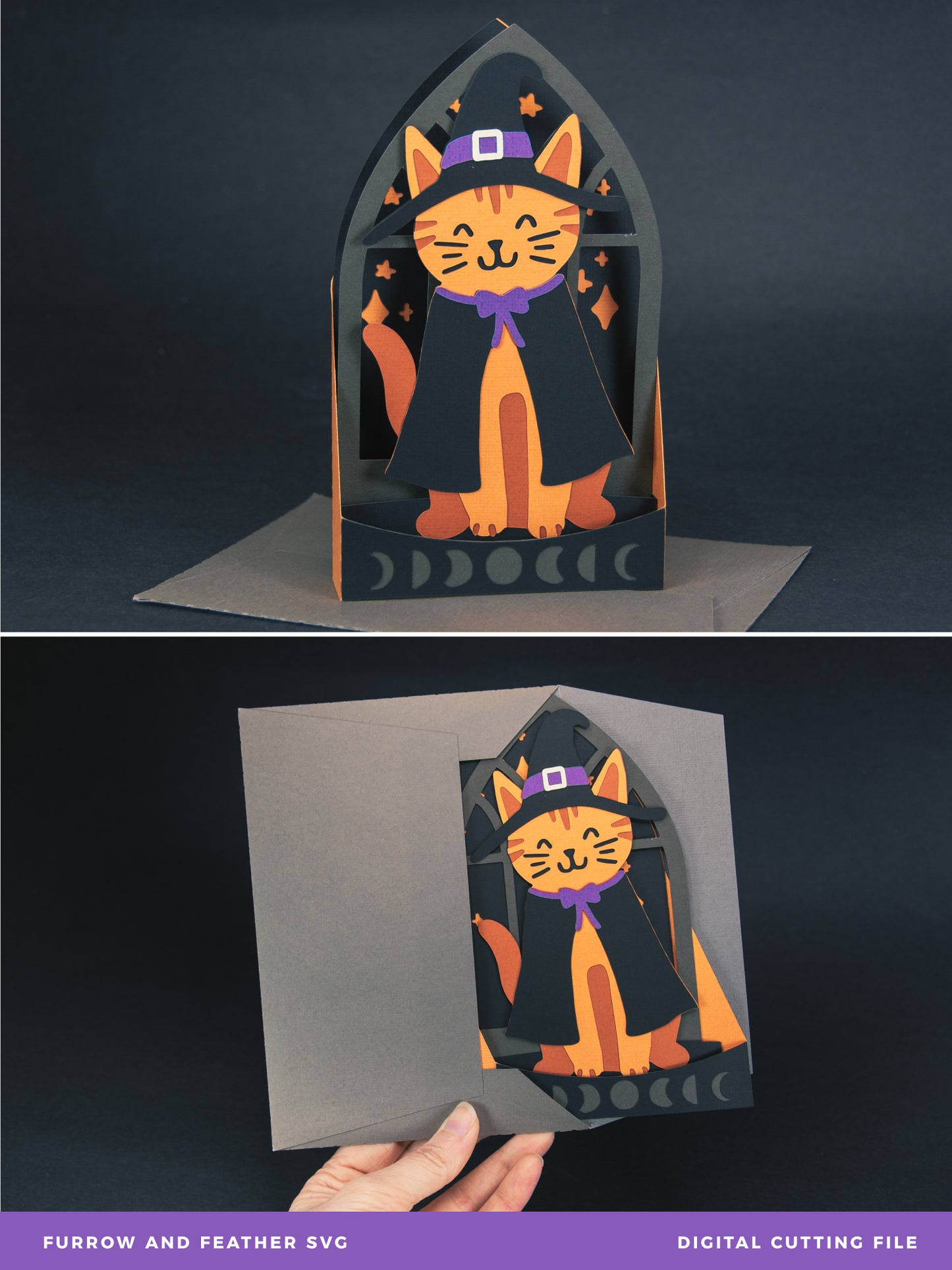 Witchy Halloween Kitty Card - 3D Halloween SVG