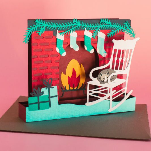 Christmas Fireplace with Cat Card SVG