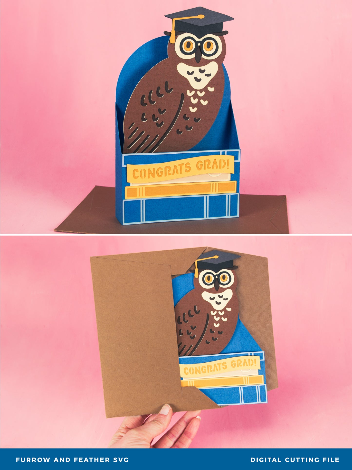 Graduate Owl on Books Card - 3D Graduation Card SVG