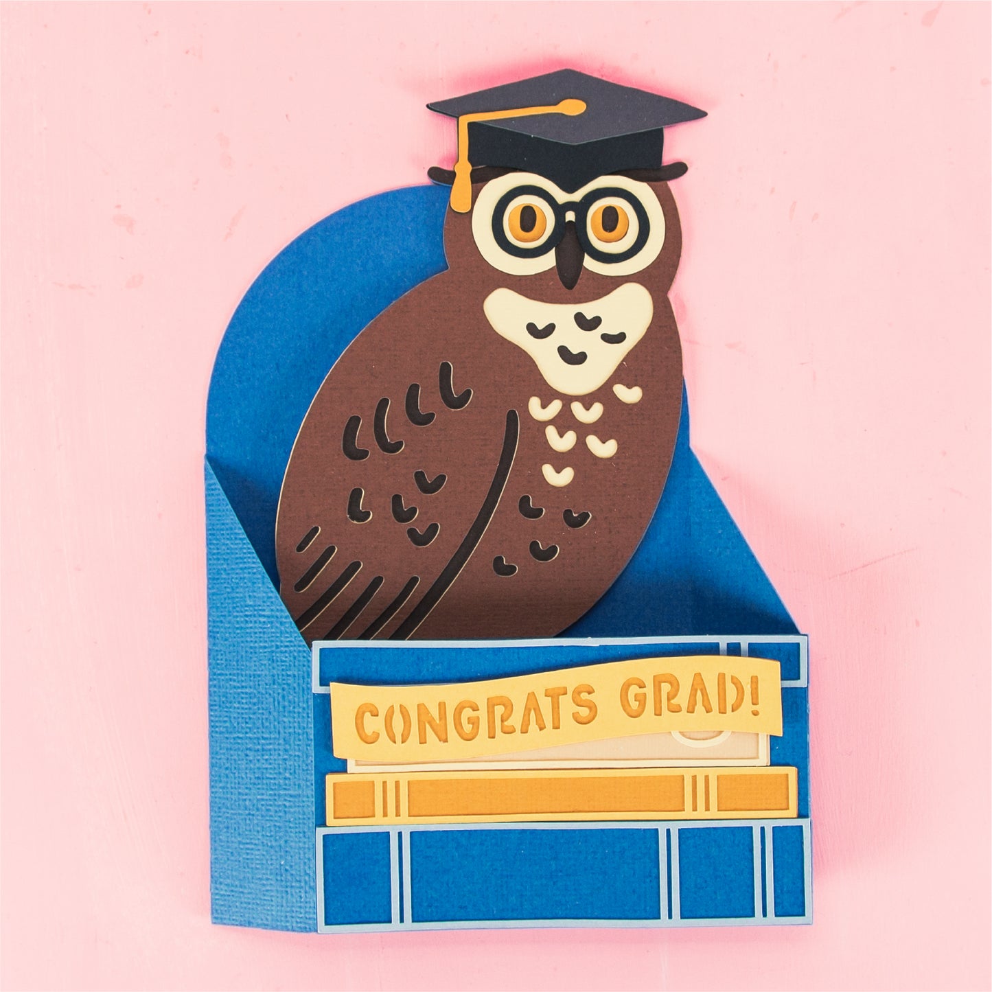 Graduate Owl on Books Card - 3D Graduation Card SVG