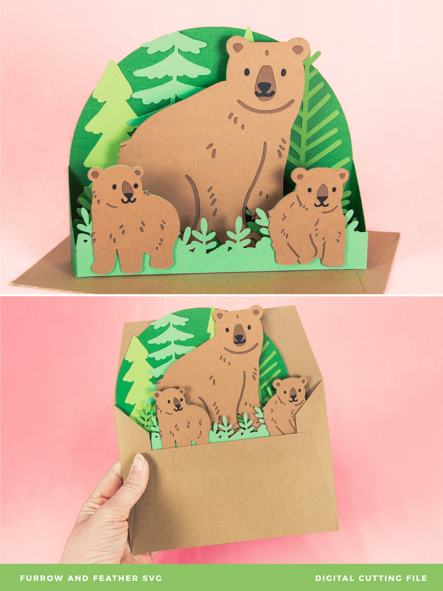 Bear and Cubs Card - 3D Outdoorsy Card SVG
