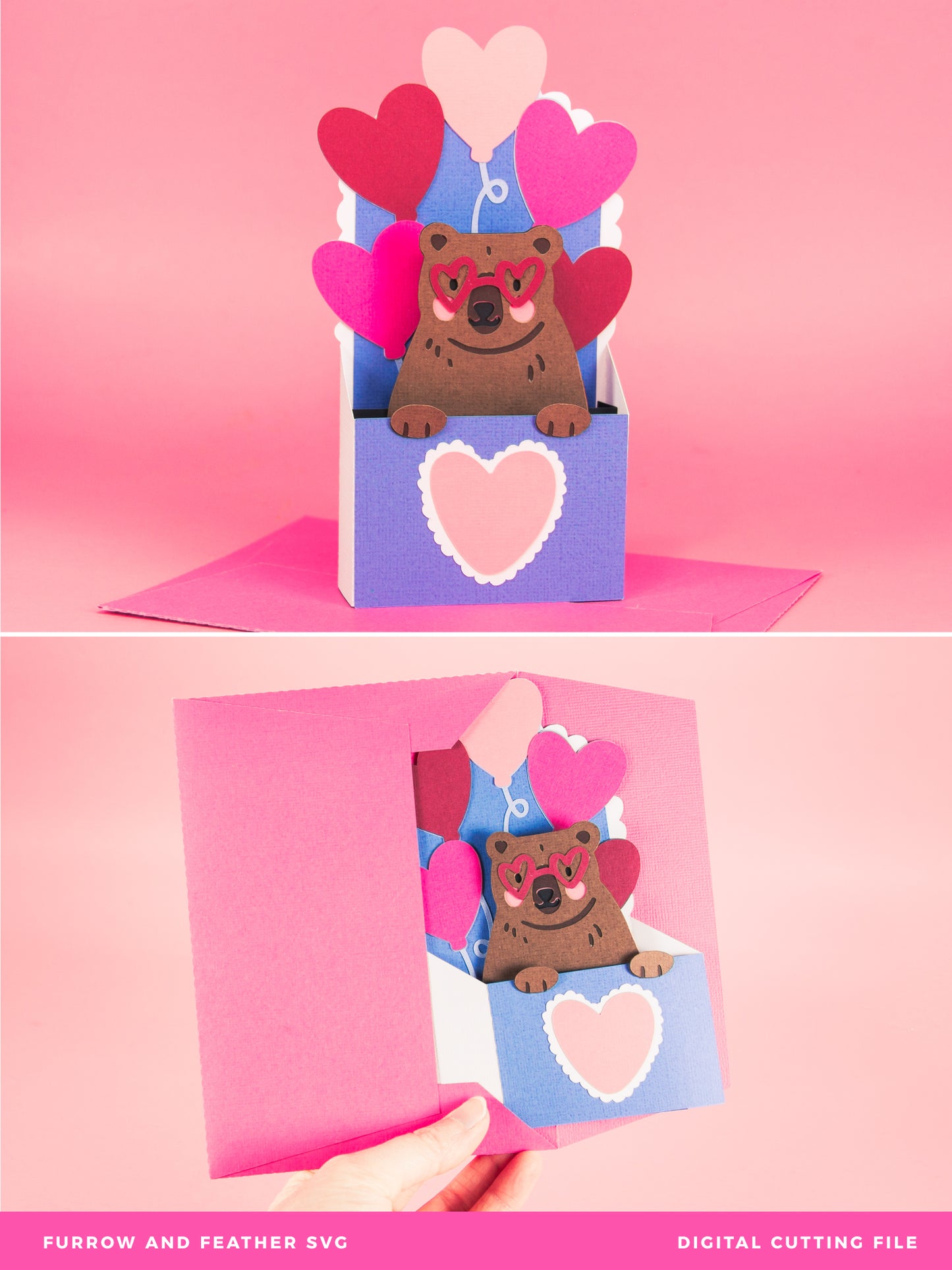 Bear with Heart Balloons Card - 3D Valentine's Day Card SVG