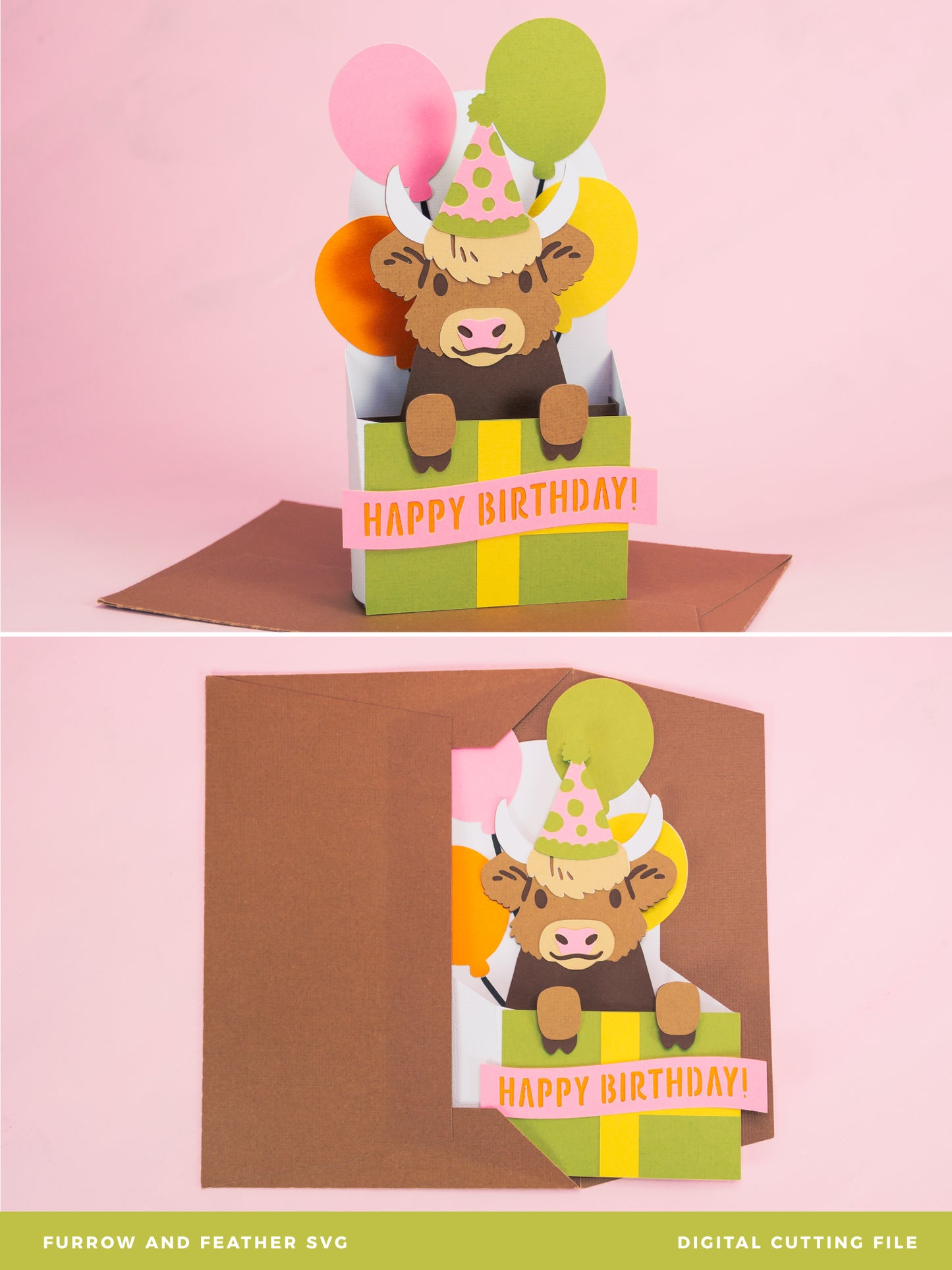 Birthday Gift Highland Cow Card - 3D Birthday Card SVG