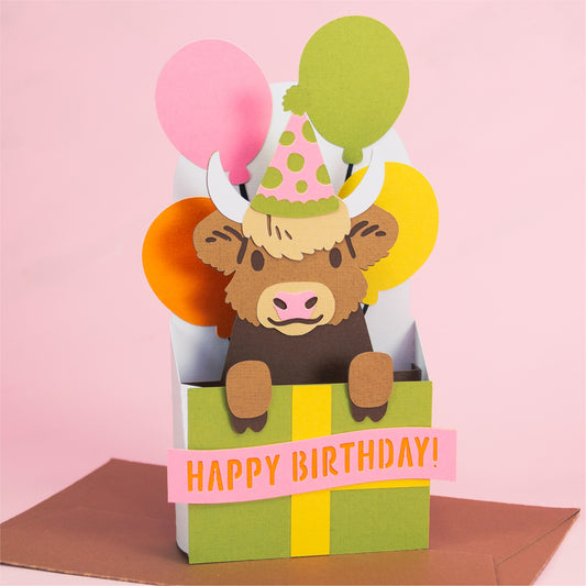 Birthday Gift Highland Cow Card - 3D Birthday Card SVG