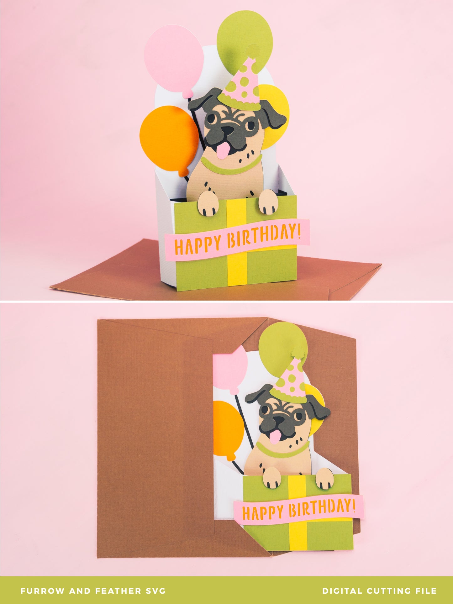 Birthday Gift Pug Card - 3D Dog Birthday Card SVG