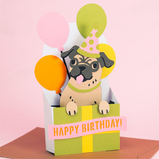 Birthday Gift Pug Card - 3D Dog Birthday Card SVG