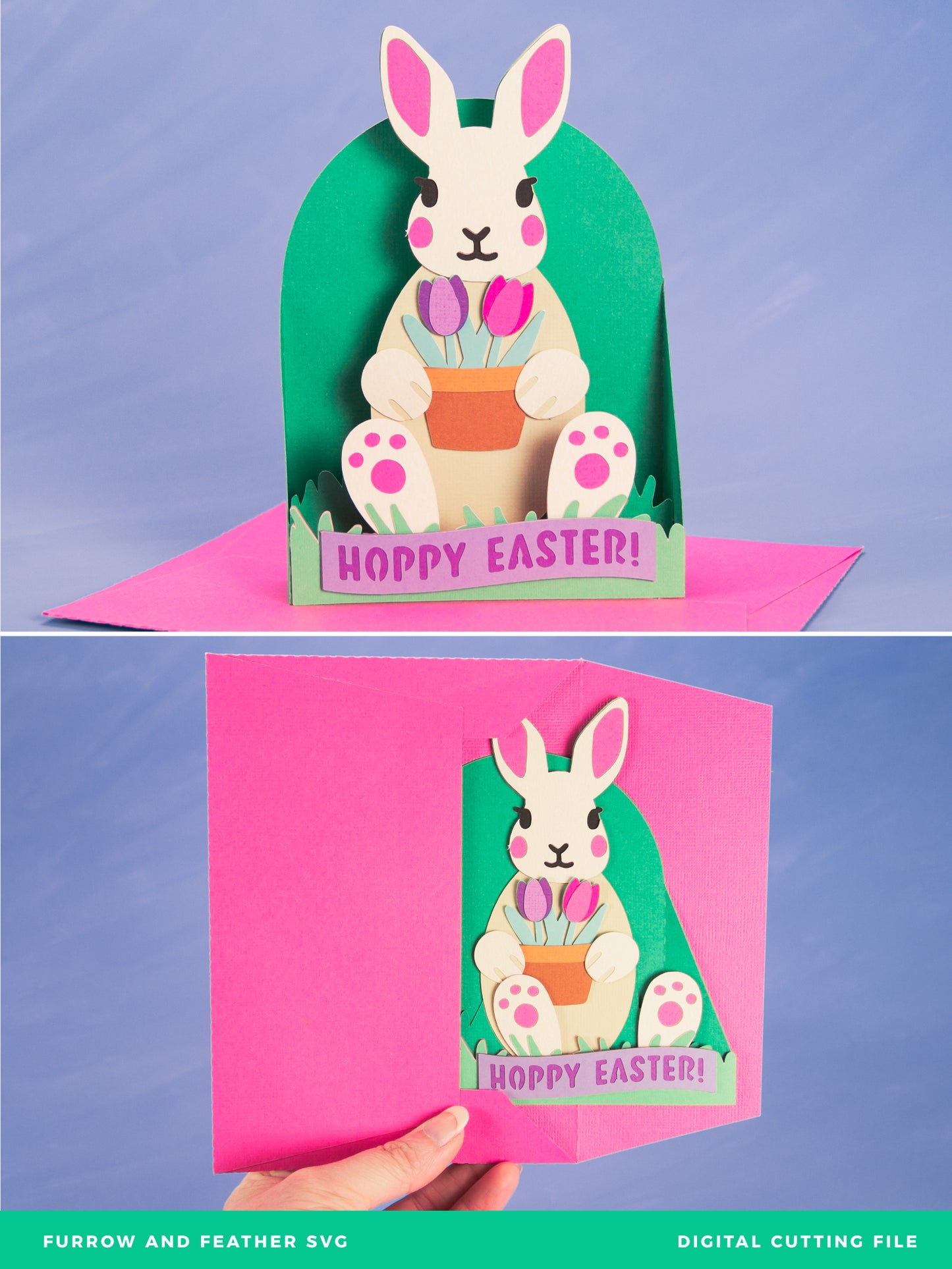 Easter Bunny Holding Tulips Card - 3D Easter Card SVG