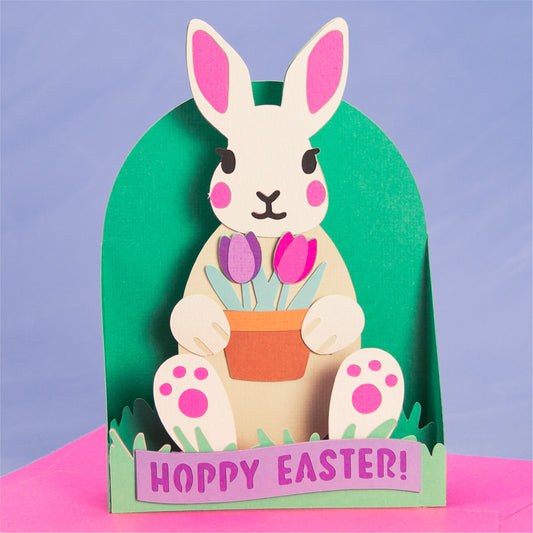 Easter Bunny Holding Tulips Card - 3D Easter Card SVG