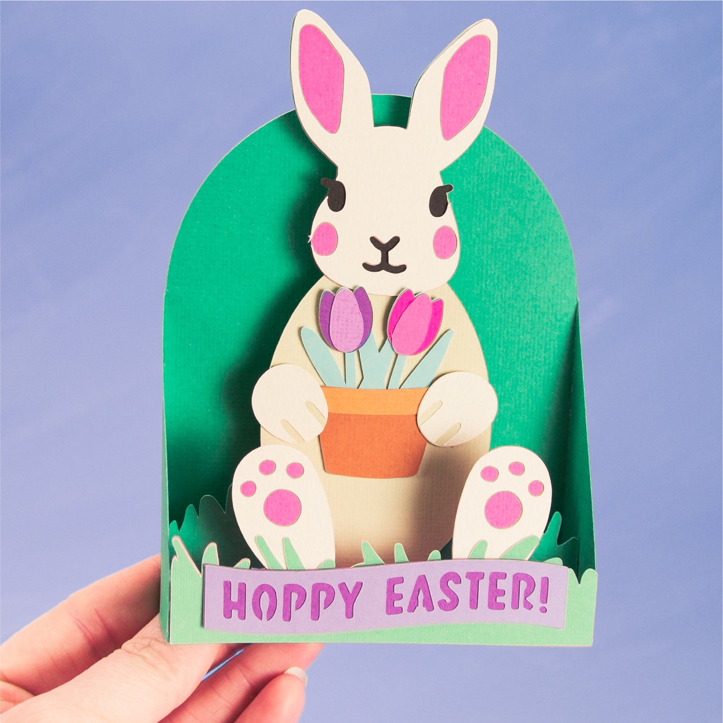 Easter Bunny Holding Tulips Card - 3D Easter Card SVG