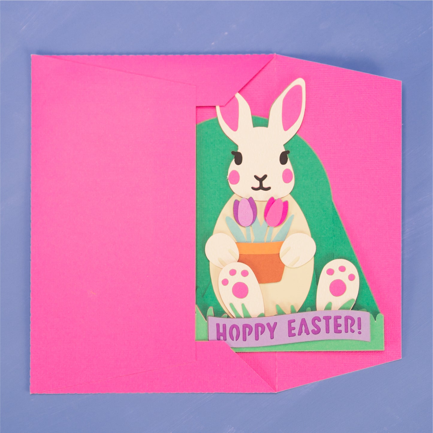 Easter Bunny Holding Tulips Card - 3D Easter Card SVG