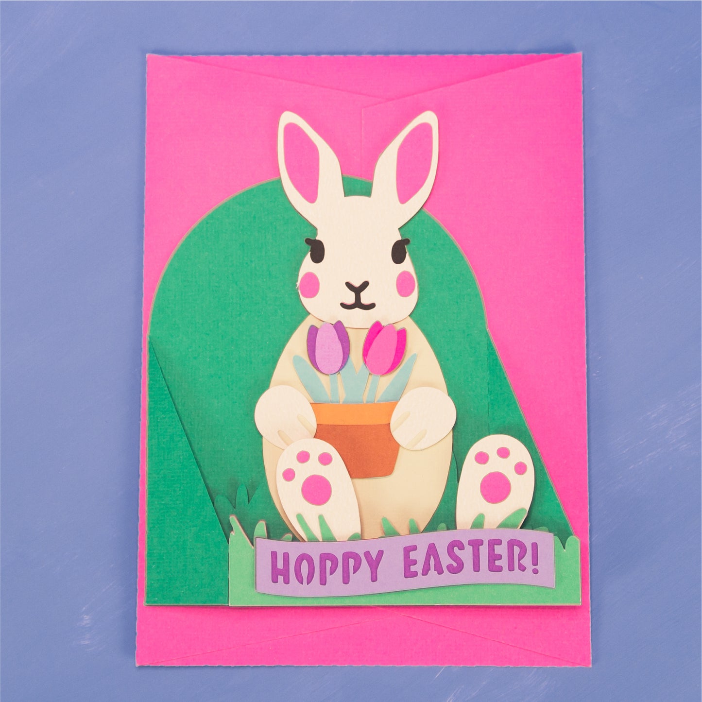Easter Bunny Holding Tulips Card - 3D Easter Card SVG