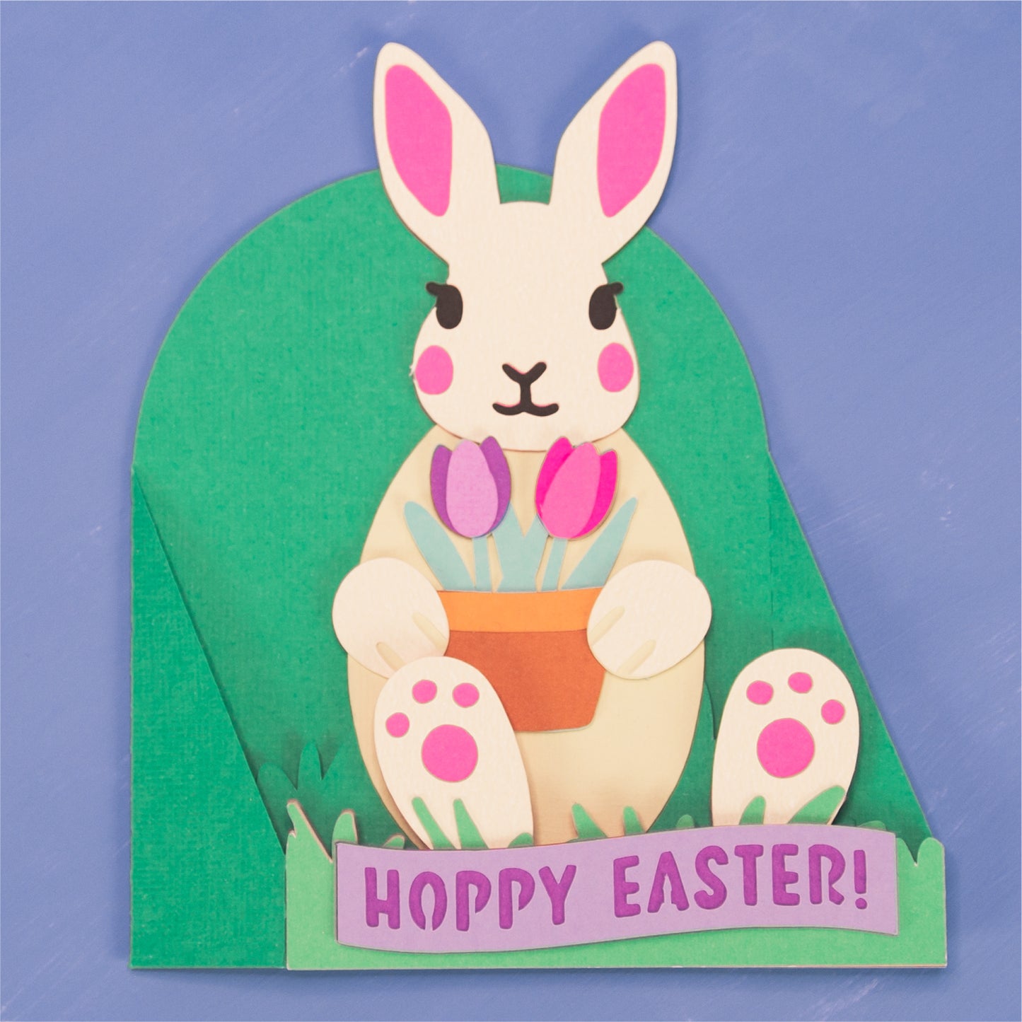 Easter Bunny Holding Tulips Card - 3D Easter Card SVG