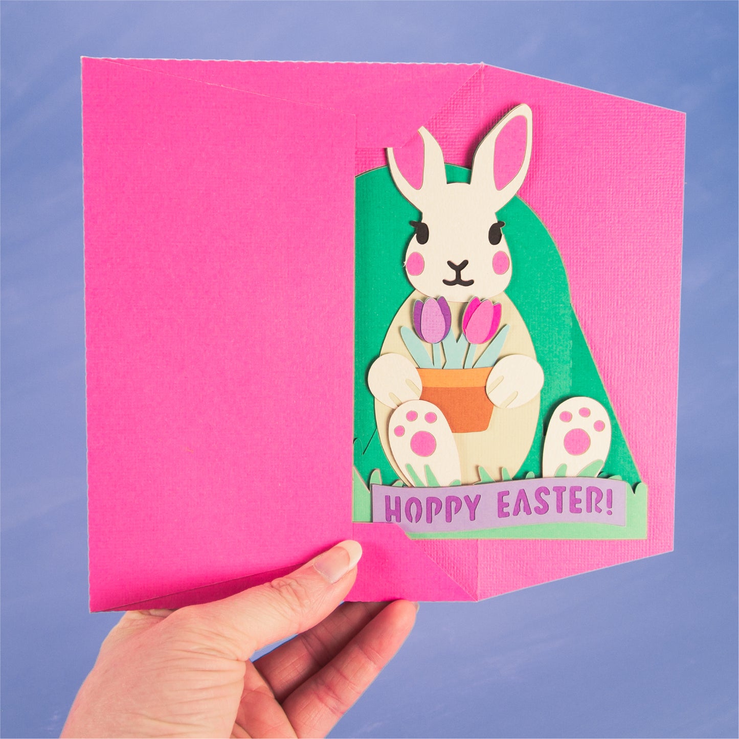 Easter Bunny Holding Tulips Card - 3D Easter Card SVG