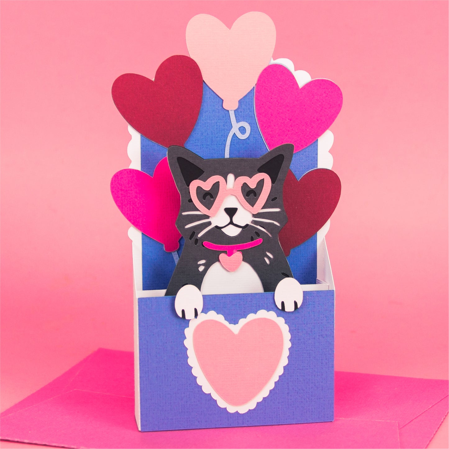 Cat with Heart Balloons Card - 3D Valentine's Day Card SVG