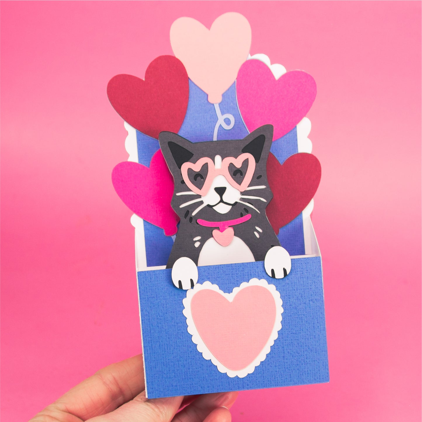 Cat with Heart Balloons Card - 3D Valentine's Day Card SVG