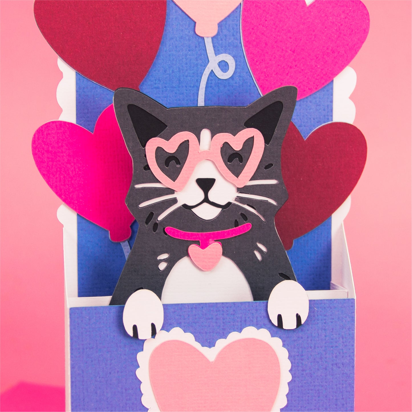 Cat with Heart Balloons Card - 3D Valentine's Day Card SVG