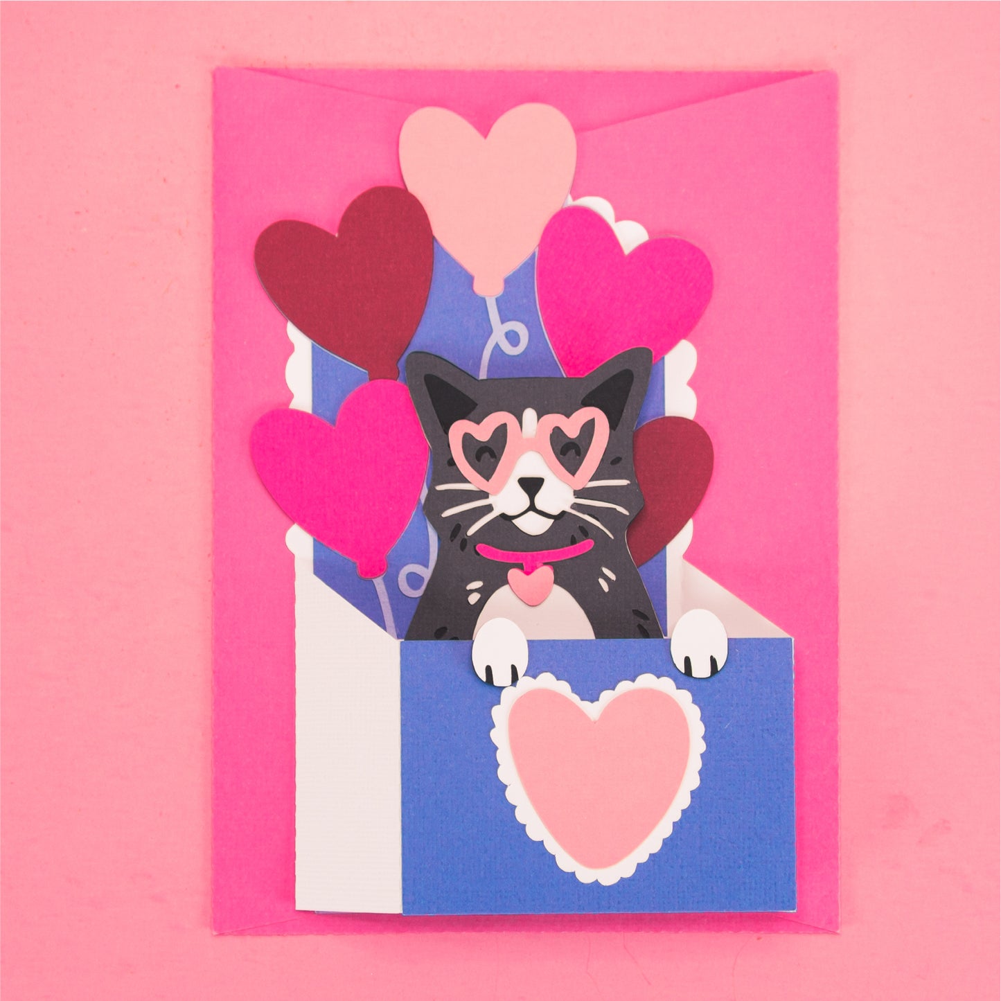 Cat with Heart Balloons Card - 3D Valentine's Day Card SVG